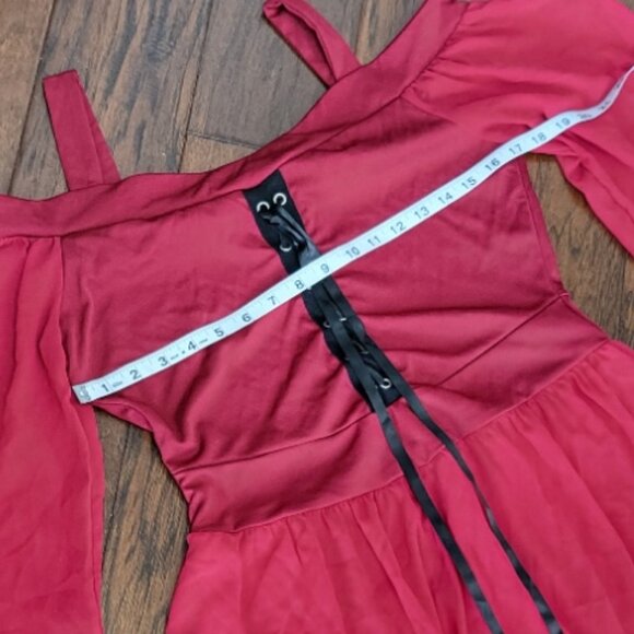 Renaissance Faire Gothic Vampire Red Dress Off-Shoulder Lace-up Dramatic Sleeves - Picture 9 of 15